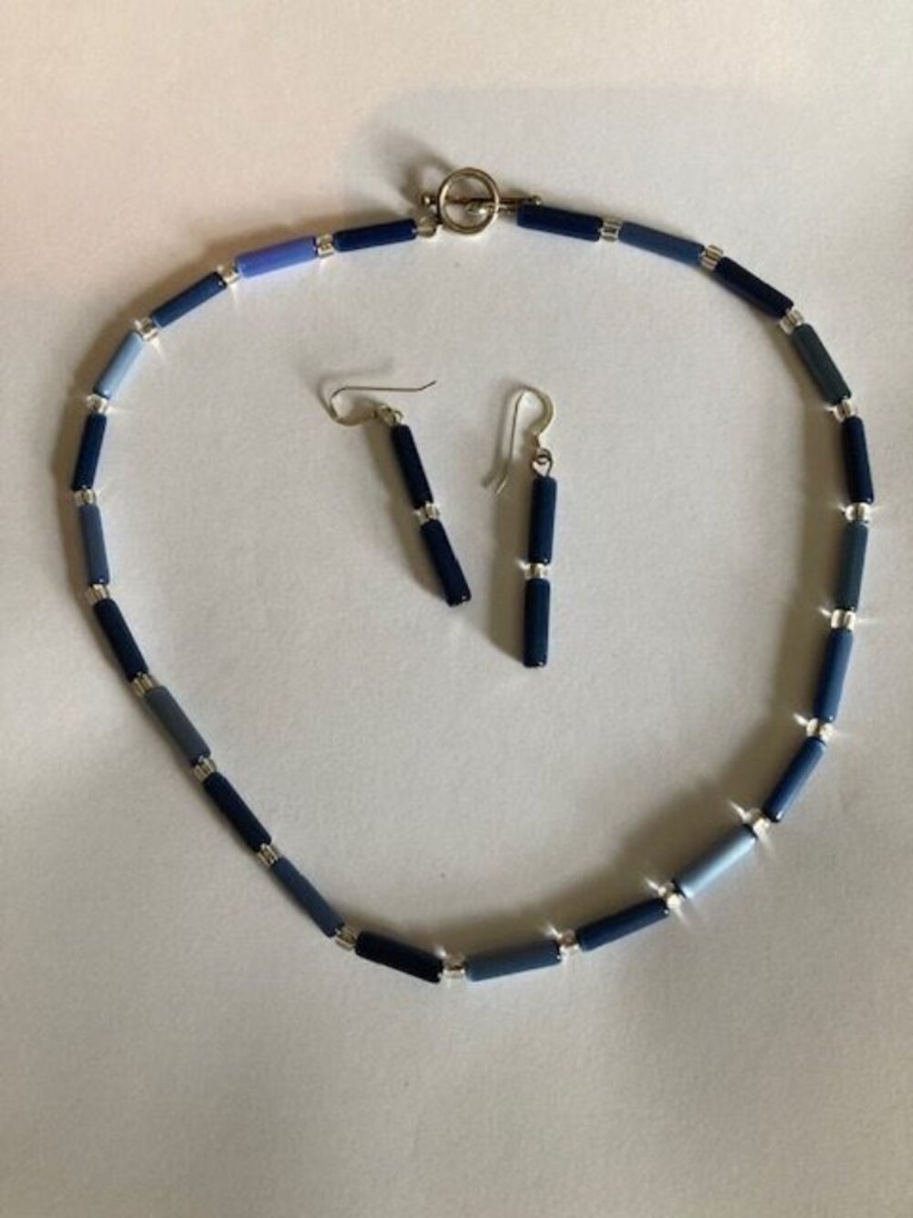 Blue and Silver Beaded Necklace and Earring Set